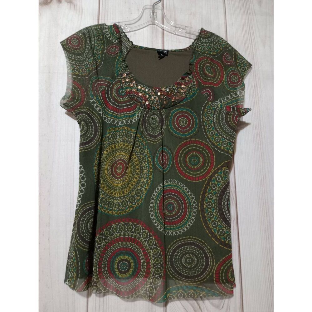 Rafaella Womens Olive Green Medallion Print Sequin Scoop Neck Cap Sleeve Blouse